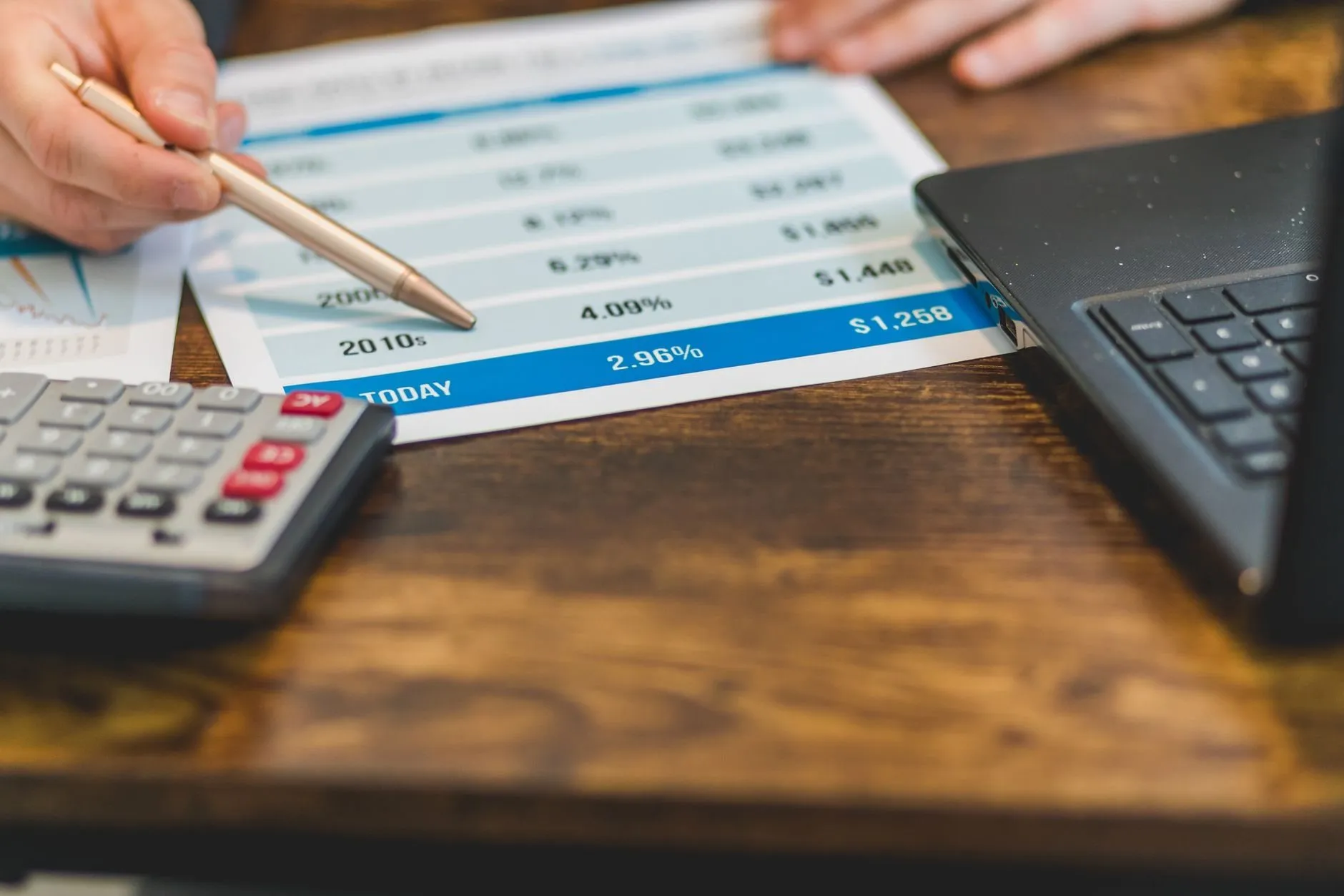A pen pointing at a printed rate table beside a calculator and a closed laptop on a walnut desk